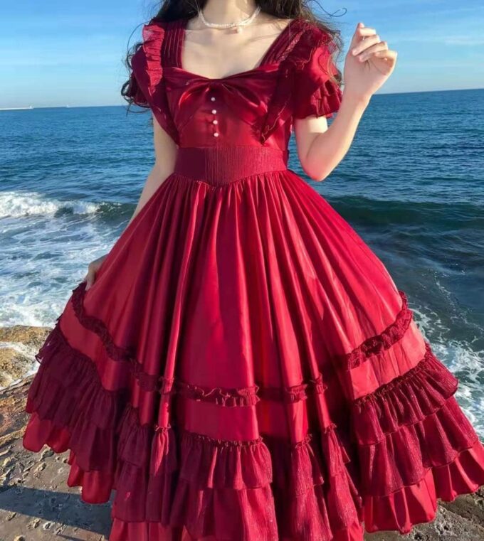 ZZEQYG French Solid Color Elegant Court Dress Short Sleeve Ruffled Big Swing Dresss – Bild 4