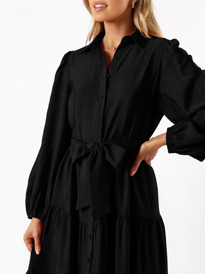 MASCOMODA Womens Dresses 2025 Fall Long Sleeve Midi Dress Casual V Neck Button Down Tiered Flowy Aline Tie Waist Shirt Dress – Bild 5