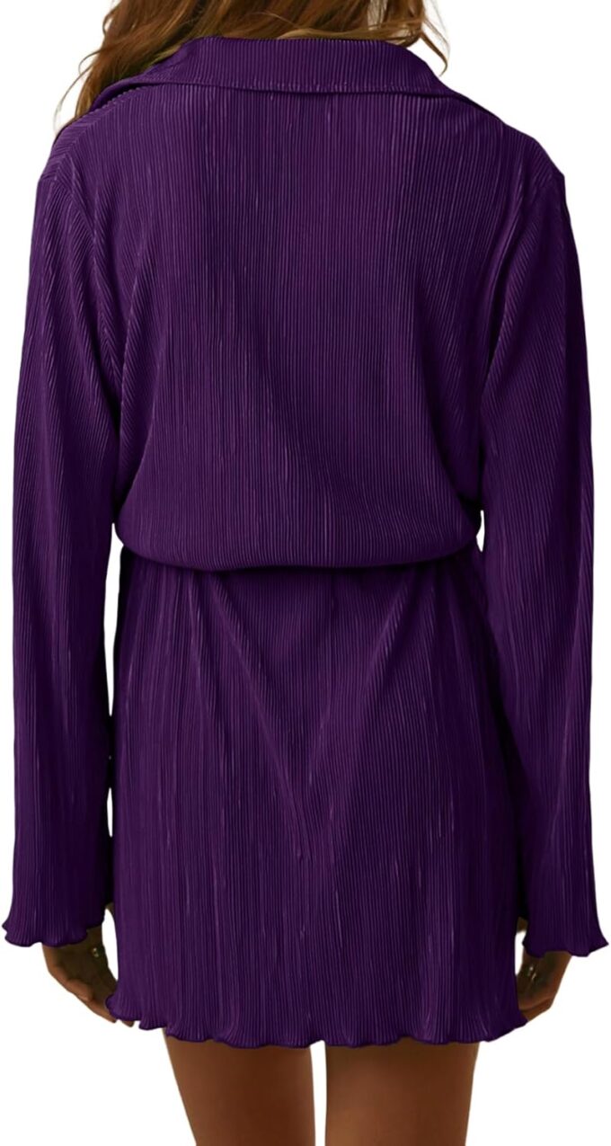 LYANER Damen-Minikleid mit Kragen, V-Ausschnitt, Knopfleiste, plissiert, langärmelig, mit Gürtel – Bild 2