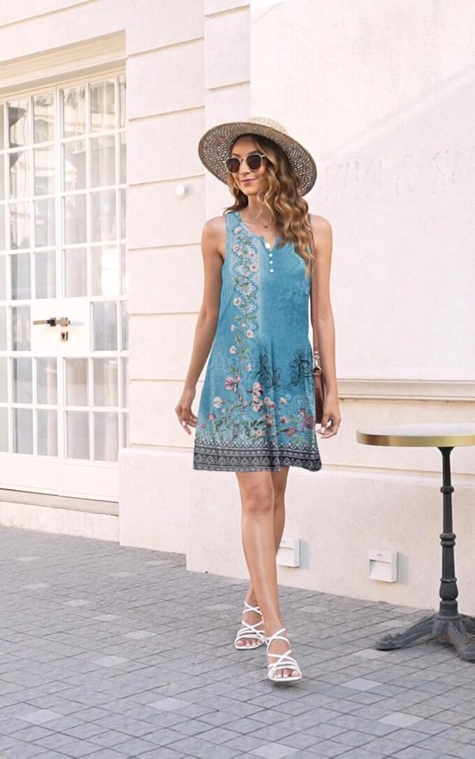 Disamer Womens Summer Dress 2025 Casual Button Down V Neck Sleeveless Boho Floral Beach Sundresses Vacation A-Line Dresses – Bild 6