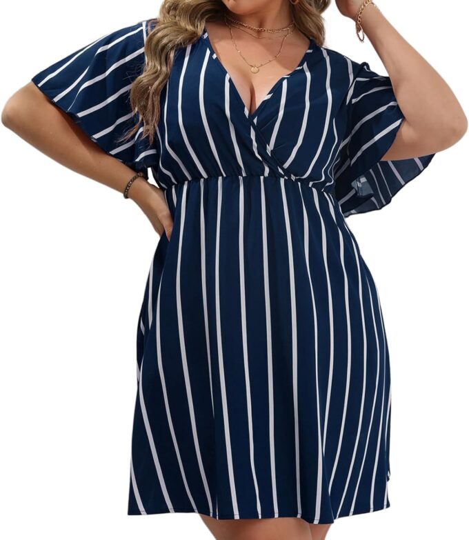 SHEJIZE Women's Plus Size Wrap Dress Plus Size Summer Dresses Short Sleeve V Neck Striped Mini Dress – Bild 8