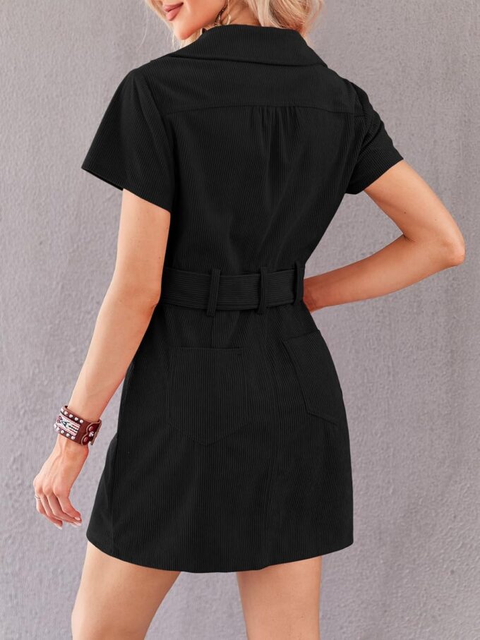 Women's Corduroy Mini Dress Short Sleeve Lapel Zip Up Belted Cowgirl Dresses with Pockets – Bild 4