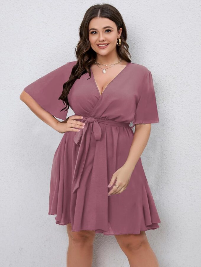 SCOMCHIC Women's Plus Size Summer Dresses Short Sleeve Wrap V Neck A Line Skater Mini Short Dress XL-4XL – Bild 5