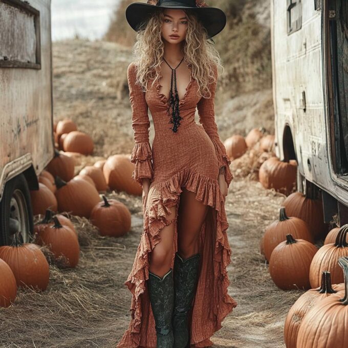 Women's Sexy Deep V Long Sleeve Western Dress Fall Casual Asymmetrical Hem High Low Long Dress – Bild 2