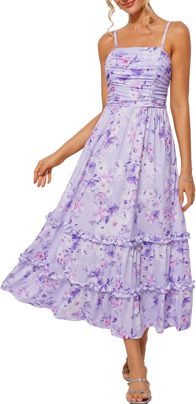 GRACE KARIN 2025 Women's Summer Floral Maxi Dress Casual Sleeveless Ruffle Tiered Wedding Guest Flowy Dresses with Pockets