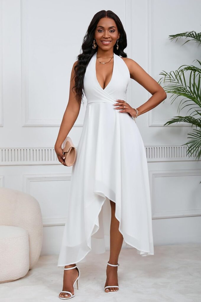 VERWIN Halter Neck Dress Sleeveless Maxi Dress Split Ruffle Hem Casual Backless Evening Party Cocktail Dress – Bild 5
