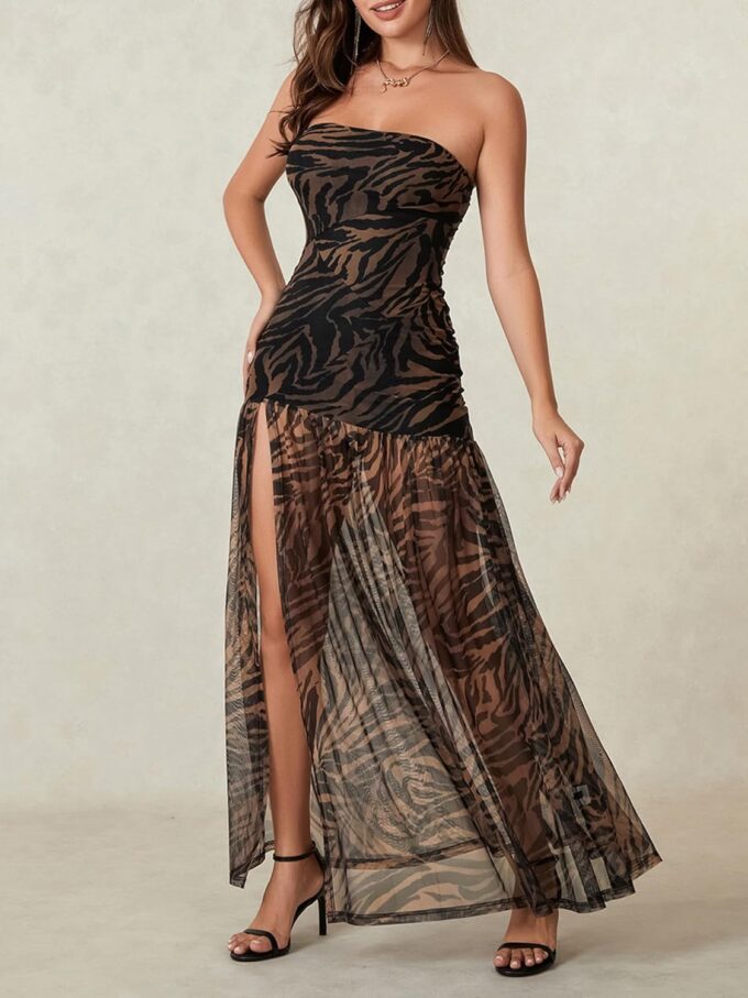 Women Strapless Tube Top Dress Summer Backless Leopard Print High Slit Long Dress Party Club Night Out Dress – Bild 2
