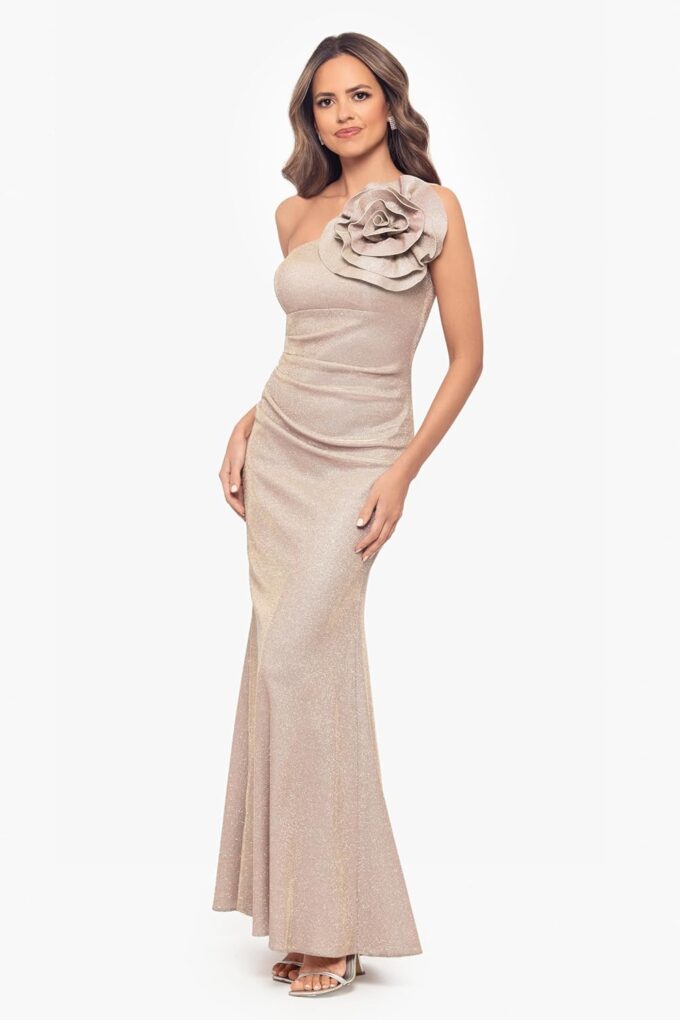 Betsy & Adam Women's Floor-Length, One-Shoulder, Glittered, with Floral Detail and Fitted Silhouette – Bild 2