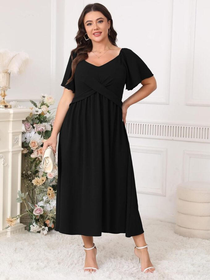 SCOMCHIC Women Plus Size Midi Dresses Short Sleeve V Neck Twist Front Summer Wedding Guest Smocked Flowy A Line Dress – Bild 3