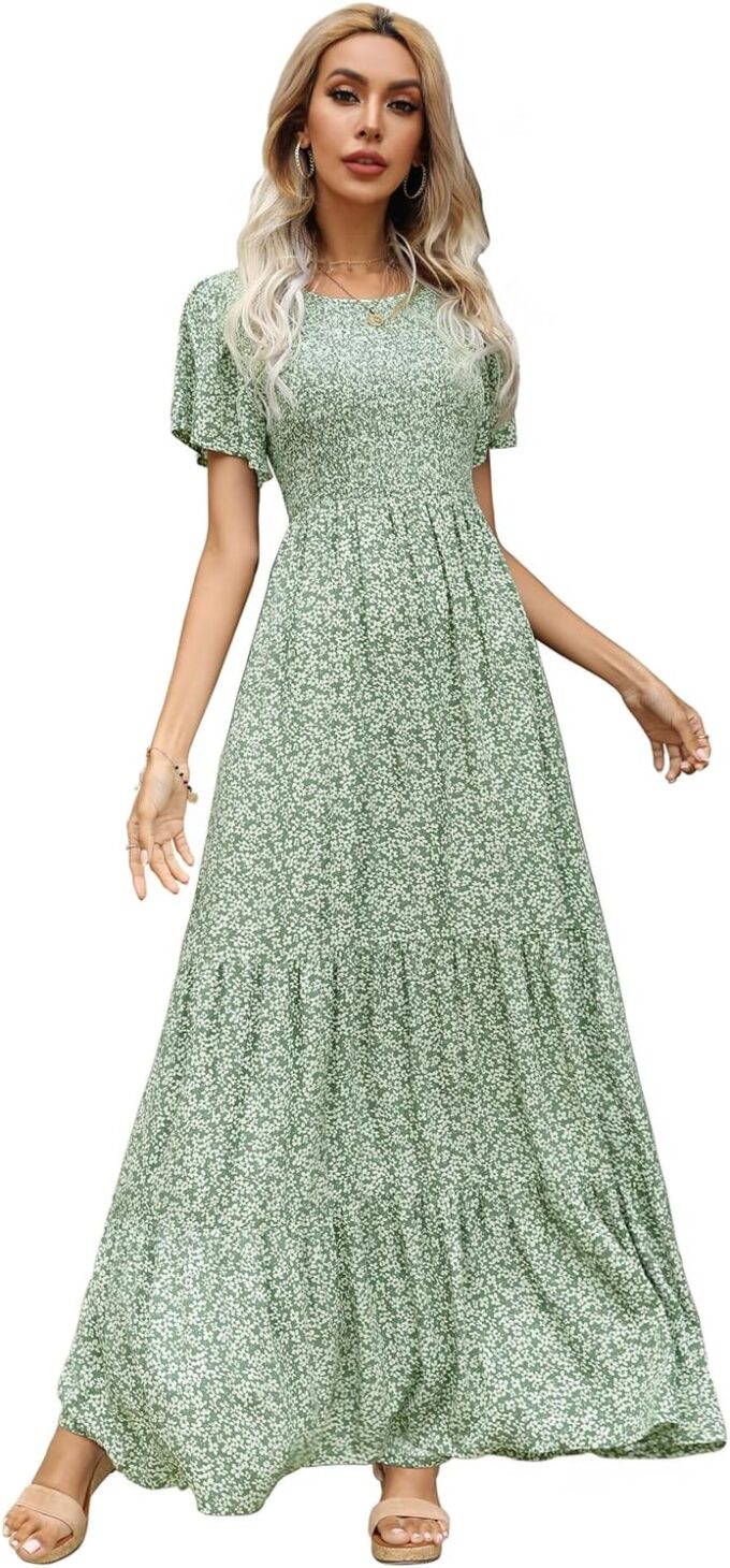 Kranda Women Summer Dress Round Neck Flutter Short Sleeve Smocked Ruffle Tiered Floral Maxi Dress 2024