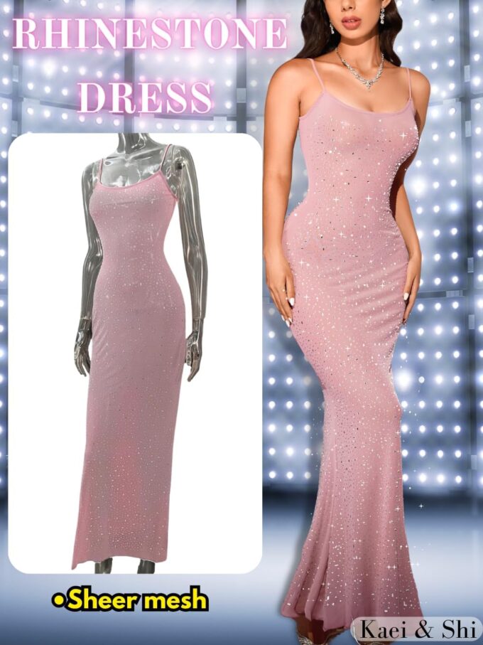 Kaei&Shi Rhinestone Mesh Dress,Glitter Sparkly Embellished Sheer Maxi Dresses,Sexy Birthday Outfit for Women Cocktail Party – Bild 2