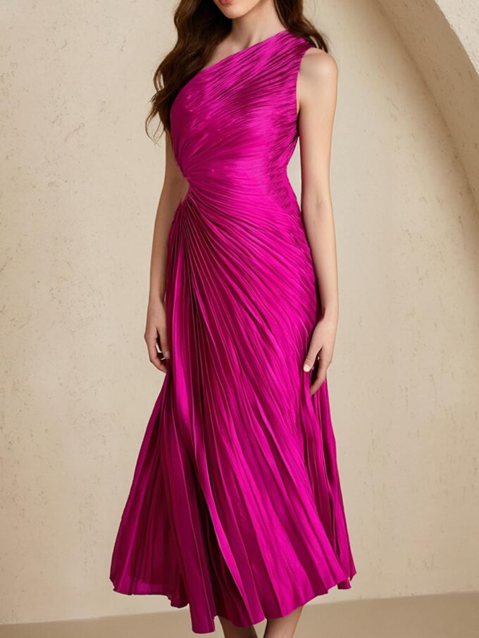 Women's Pleated One Shoulder Satin Dress Cut Out Sleeveless Asymmetrical Maxi Dresses – Bild 4