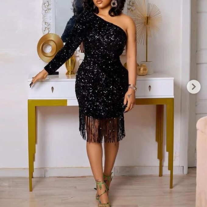 Women Sexy Sequin One Shoulder Long Sleeve Tassel Hem Bodycon Midi Dress Party Cocktail Dress – Bild 2