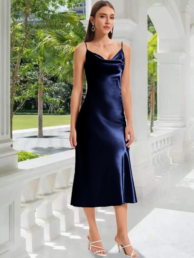 Women's Spaghetti Strap Midi Satin Slik Dress Cowl Neck Long Slip Ruched Evening Dress Party Cocktail – Bild 6