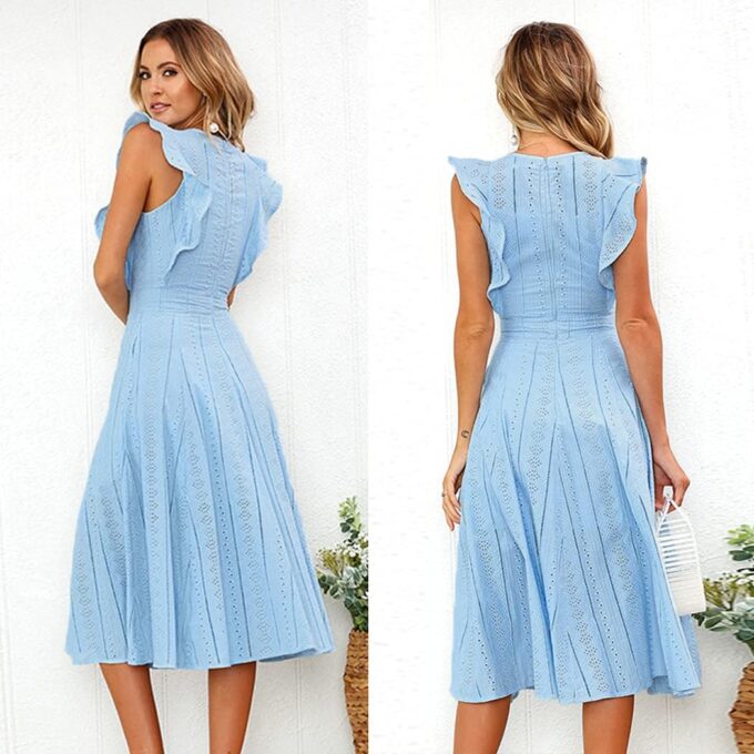 ECOWISH Women's Summer Dresses 2025 Elegant Lady Wedding Guest Cocktail Ruffle Cap Sleeves A-Line Office Midi Dress – Bild 8