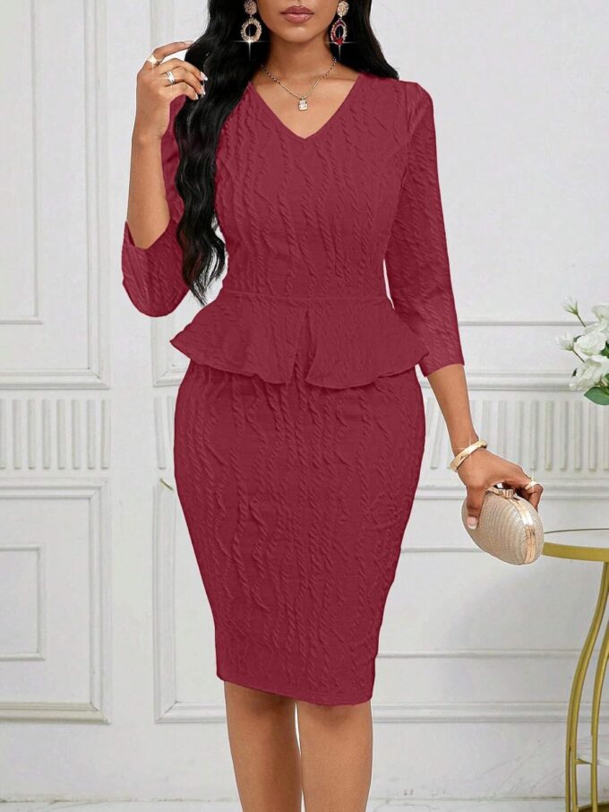 Runwind Schößchen-Kleid für Damen, V-Ausschnitt, 3/4-Ärmel, für die Arbeit, Midi-Kirchenkleider, elegante Bleistiftkleider – Bild 4