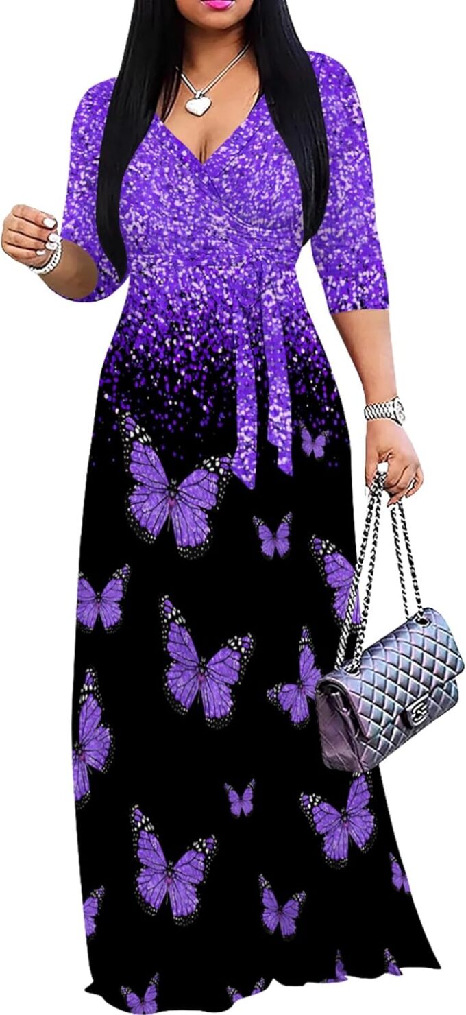 Plus Size Dresses for Women Print Maxi Dresses Flowy 3/4 Sleeve with Belt