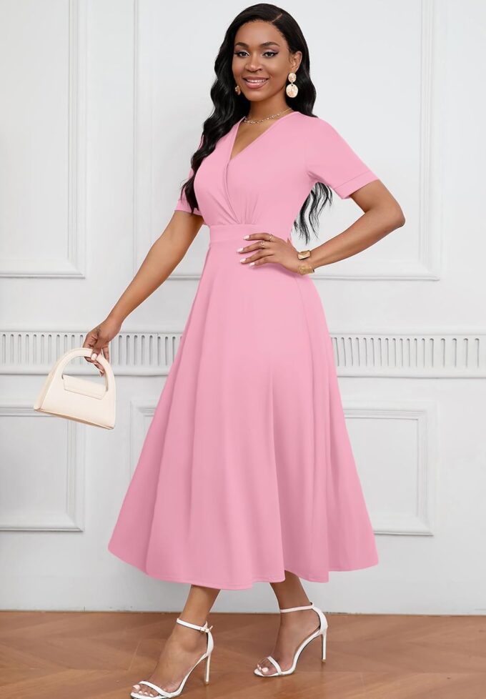 Womens Midi Dresses V Neck Cocktail Church Tea Dresses Short Sleeve A-Line Swing Dresses – Bild 3