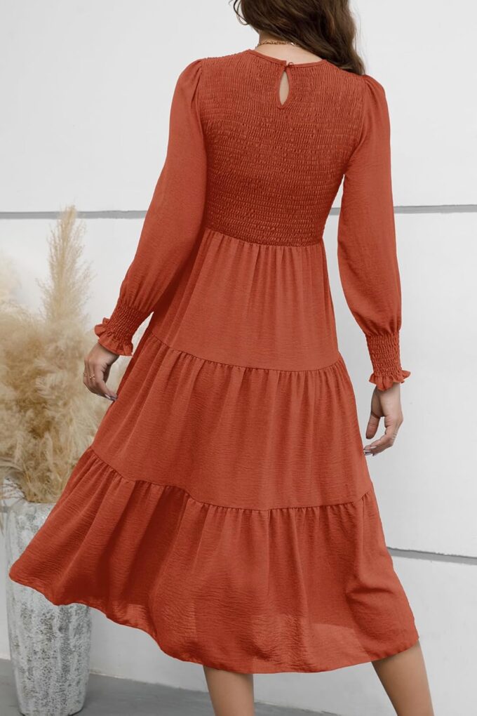 Women's Casual Long Sleeve Fall Dress Crew Neck Smocked Hight Waist Flowy Maxi Tiered Dresses – Bild 3