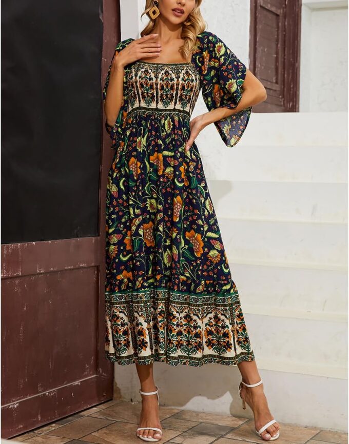 Women's Long Maxi Dress Sexy Off Shoulder Floral Dress Ruffle Short Sleeve Smocked Flowy A Line Boho Dress – Bild 4