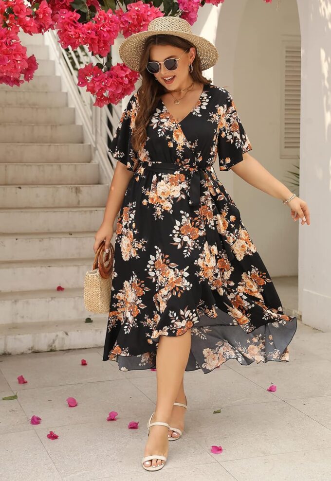 Keluummi Plus Size Summer Wedding Guest Maxi Dress for Curvy Women, V Neck 3/4 Sleeve Empire Waist A Line Floral Long Dress – Bild 5