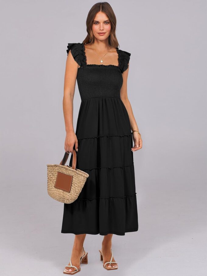 ANRABESS Womens Smocked Maxi Dress Summer Casual Ruffle Square Neck Boho Ruffle Flowy A-line Beach Sundress with Pockets – Bild 2