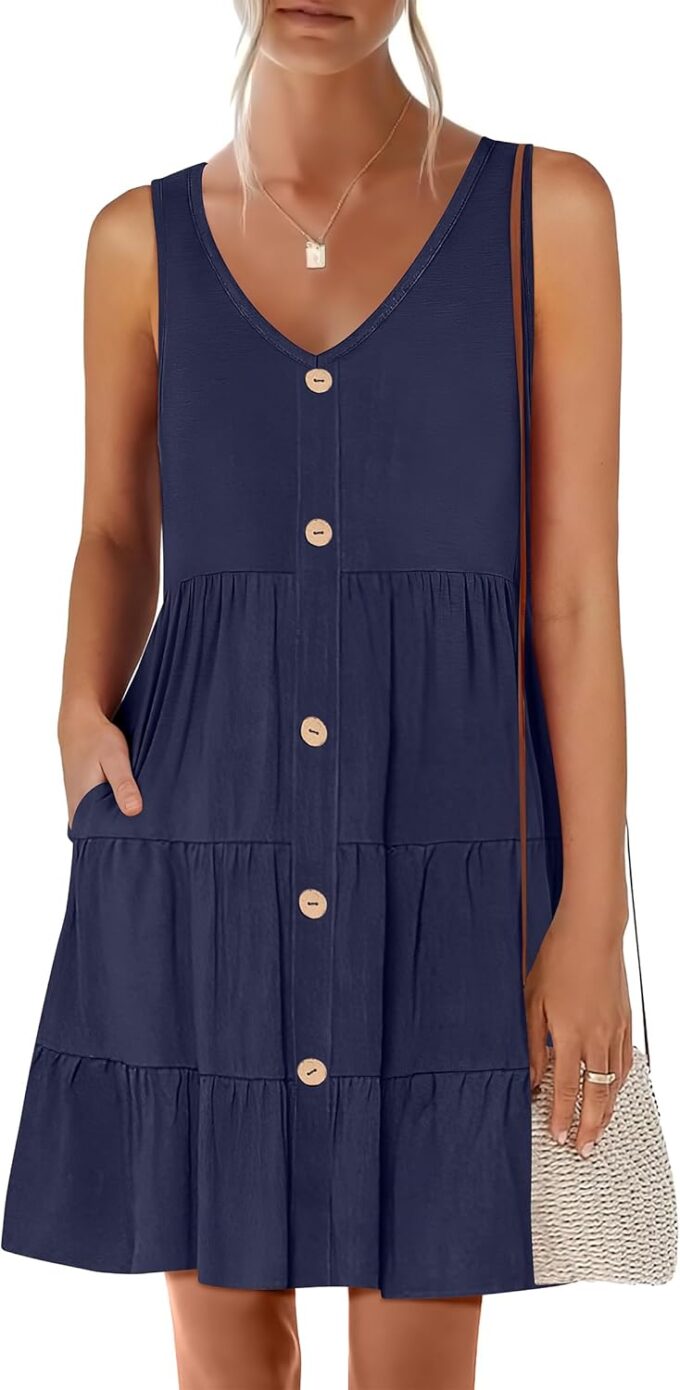 ANRABESS Womens Summer Beach Vacation Dresses V Neck Sleeveless Casual Button Down A Line Swing Mini Sundresses with Pockets
