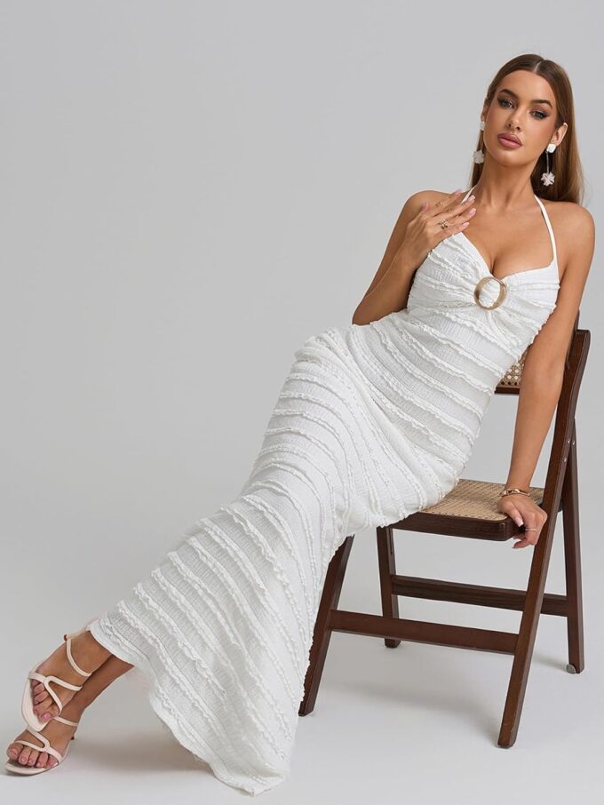HTZMO Women Elegant Summer Casual Bodycon Maxi Dress Sexy V Neck Halter Ruffle Wedding Guest Formal Long Dresses – Bild 5