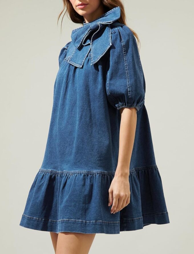 Women Summer Puff Short Sleeve Denim Dress Mock Neck Babydoll Jean Dress with Bow – Bild 3