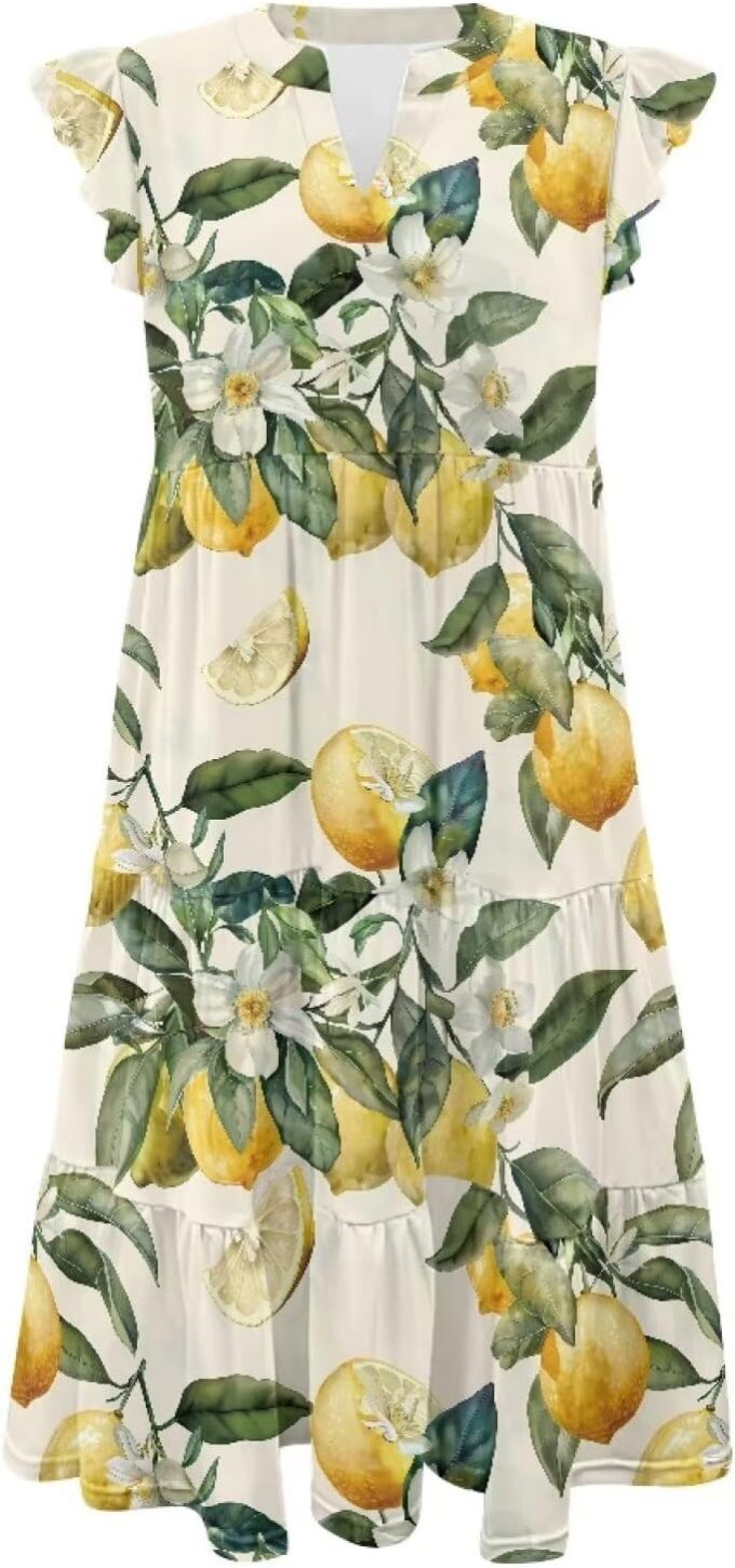 Womens Summer Dress Ruffle Sleeve V Neck Dress Casual Fit Flowy Beach Vacation Sundress with Pocket S-2XL – Bild 4