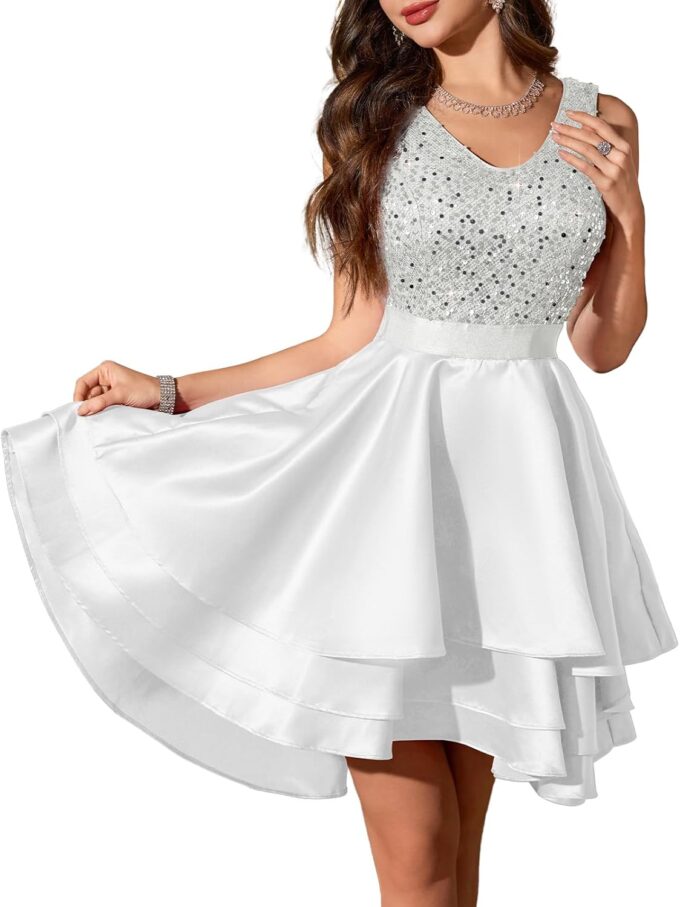 Meetjen Women's Sequin Prom Dresses Cocktail Party Sparkly Short V Neck A-line High Low Satin Formal Dress for Wedding