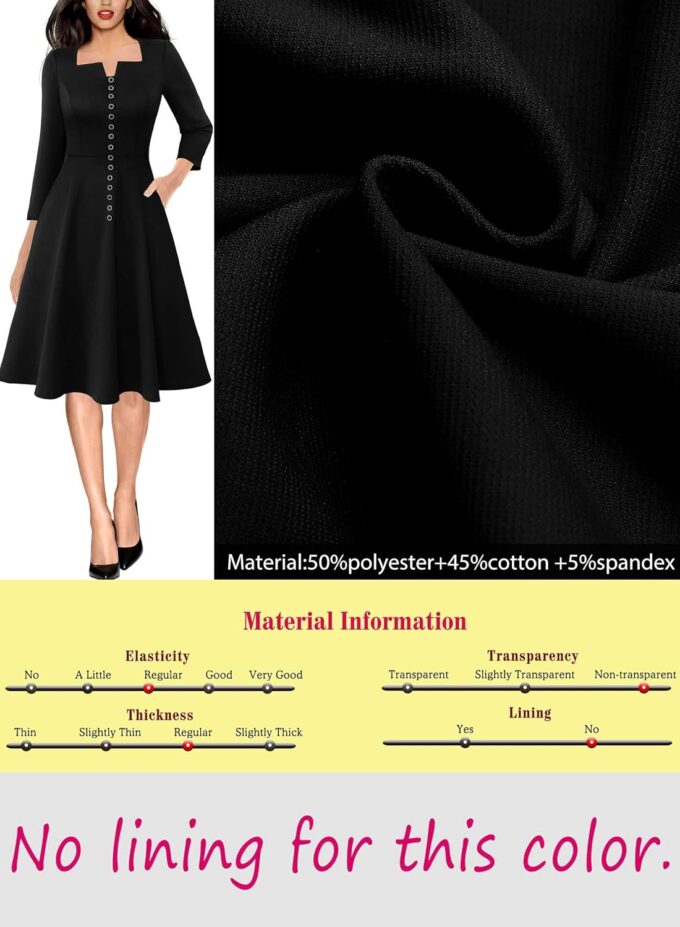 VFSHOW Damen Kleid mit quadratischem Ausschnitt, Kerben, Knöpfe, Businesskleidung, Arbeit, Büro, Taschen, schmale Passform und ausgestelltes A-Linien-Kleid – Bild 7