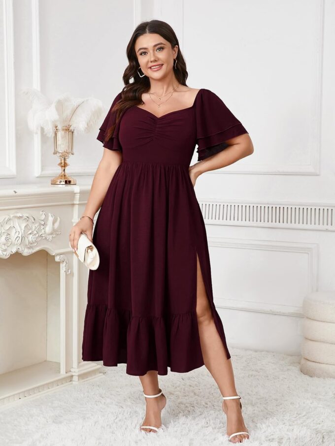 SCOMCHIC Womens Plus Size Wedding Guest Cocktail Dresses Sweetheart Neckline Short Sleeve Smocked Ruffle Slit Maxi Dress – Bild 3