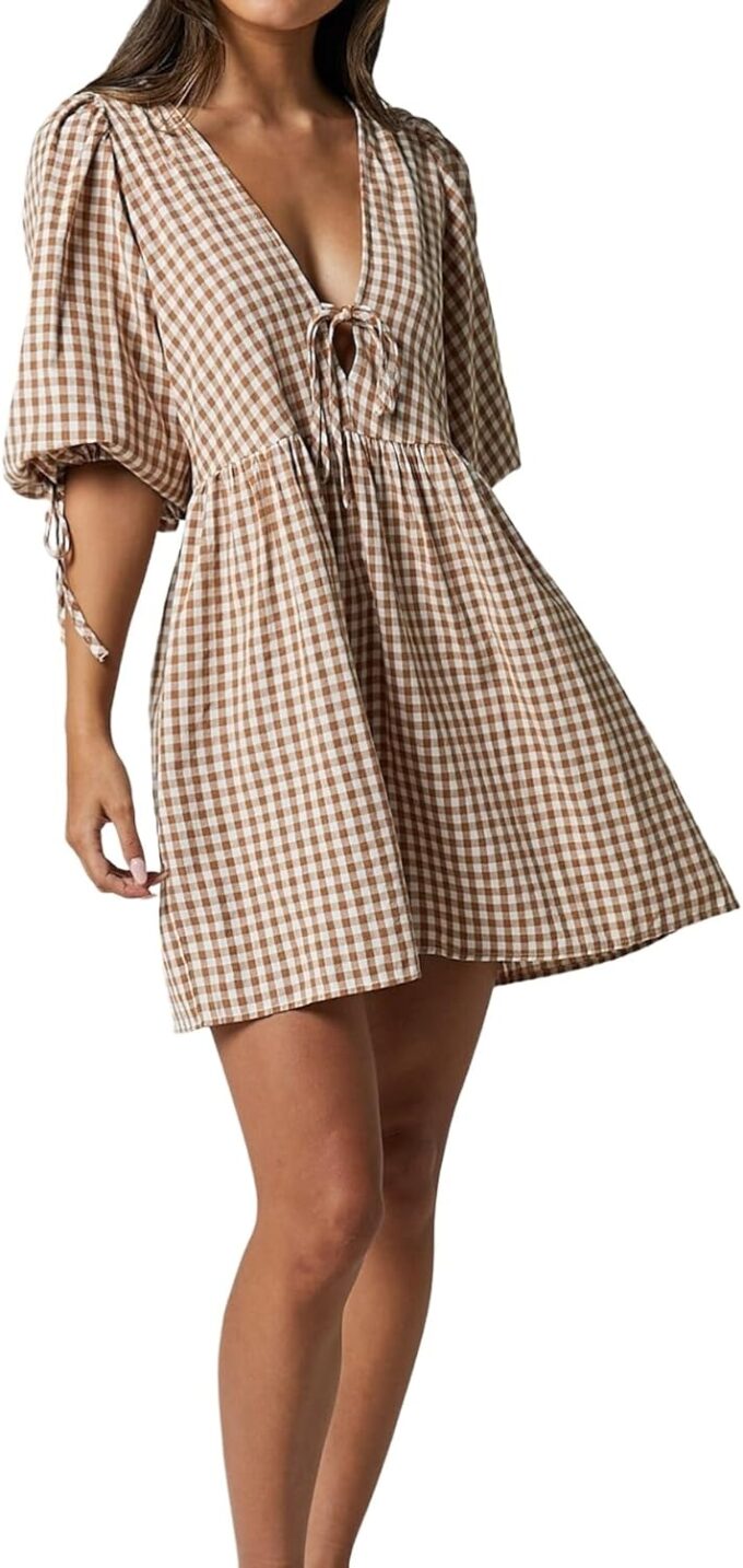 Women's Gingham Puff Sleeve Tie Front Babydoll Mini Dress – Bild 3