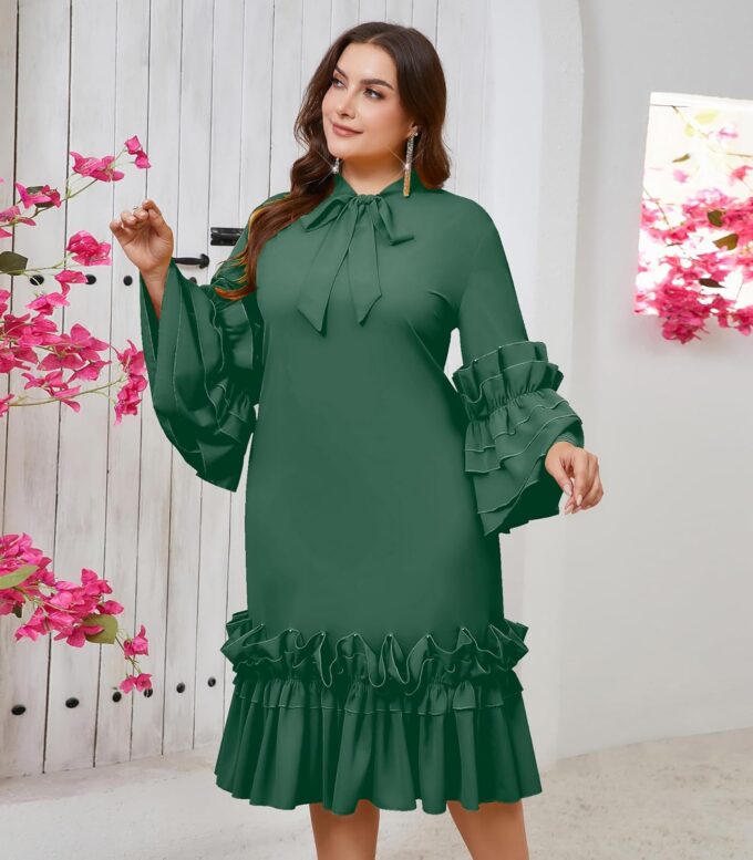 Women's Plus Size Midi Dress Ruffle Sleeve Bow Tie Neck Casual A line Swing Midi Dresses – Bild 4