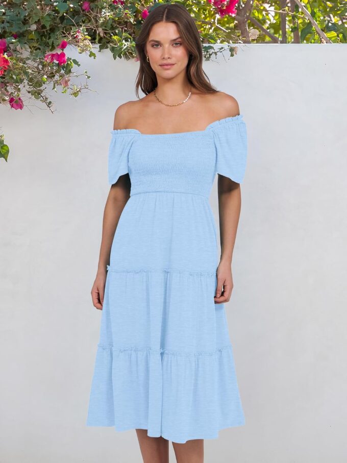ANRABESS Women Summer Casual Square Neck Flutter Sleeve Boho Smocked A-Line Flowy Tiered Modest Midi Sun Dress with Pockets – Bild 2
