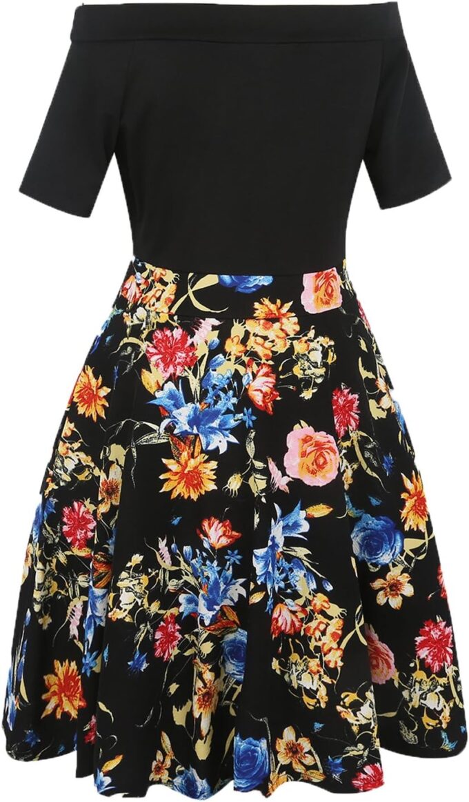 oxiuly Women's Vintage Off Shoulder Pockets Casual Floral A-Line Party Cocktail Swing Dress OX232 – Bild 4