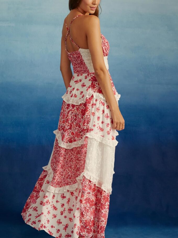Women Boho Floral Tie Shoulder Maxi Dress Flowy Patchwork Smocked Long Sundresses Summer Ruffle Y2k Sleeveless Dresses – Bild 3