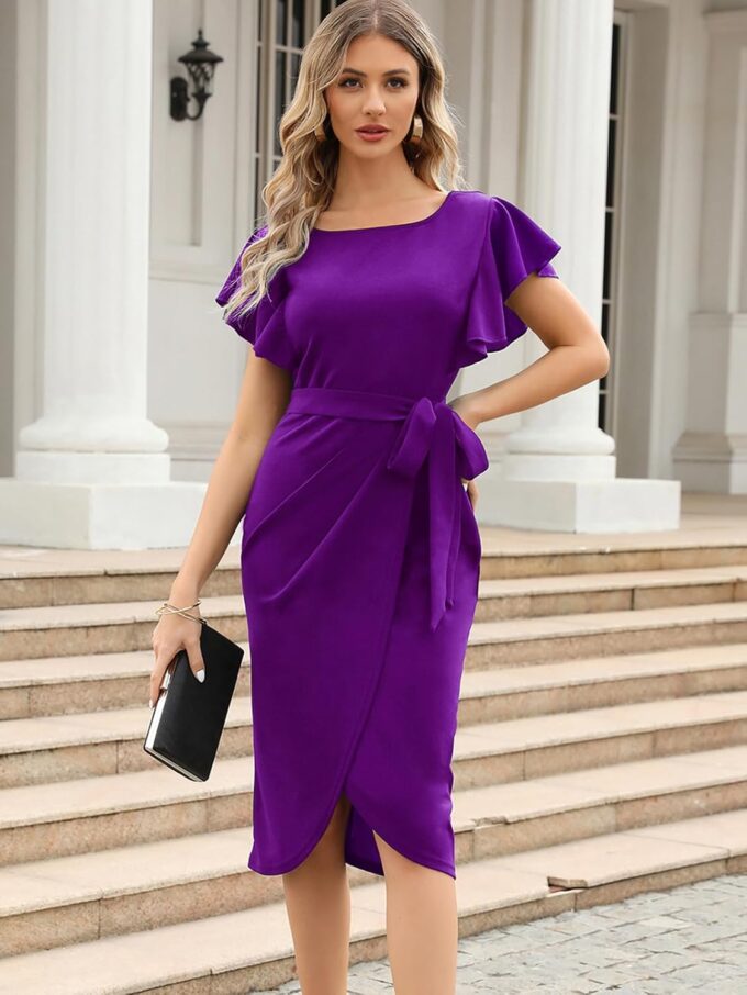 HELYO Damen Elegant V-Rücken Rüschen Ärmel Etuikleider Gürtel Rüschen Elegant Casual Arbeit Cocktail Party Kleid – Bild 2