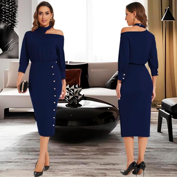 Klassisches Kirchenkleid für Damen, Glockenärmel, Vintage-Stil, für Arbeit, Cocktail, Business, Split-Bleistiftkleid – Bild 9