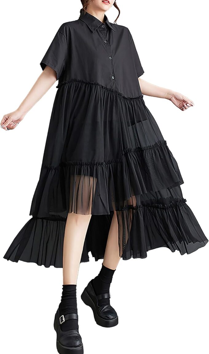 ellazhu Women's Shirt Dress Patchwork Short Sleeve Lapel Button Down Irregular Hem Tulle Solid Summer GZ225