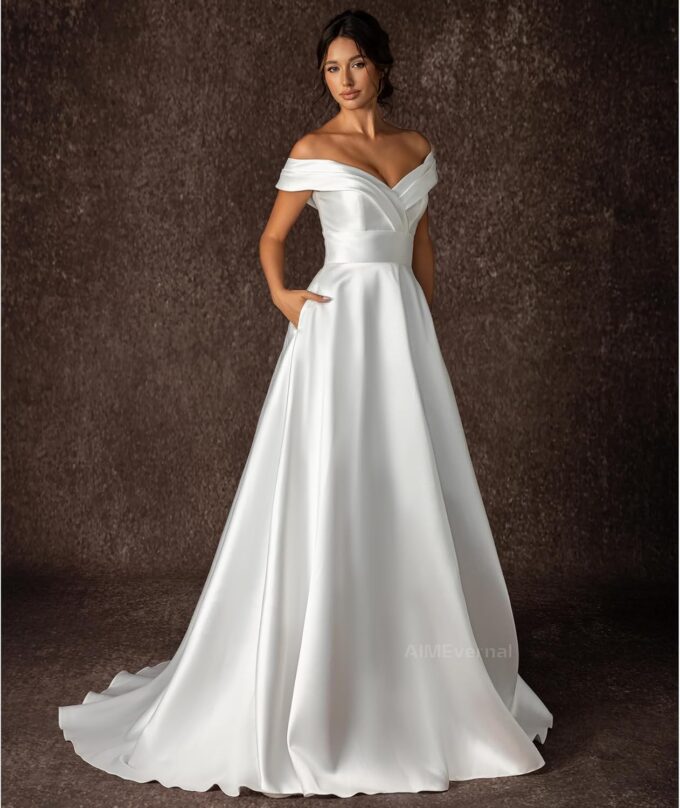 Woman Wedding Dress with Pockets，Off-Shoulder Bride Wedding Dress Shiny Satin Elegant Royal Style Simple Wedding Gown – Bild 3