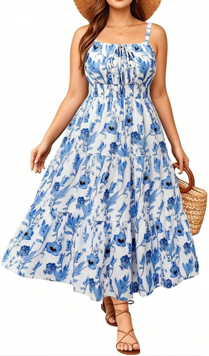 Plus Size Summer Dresses - Boho Maxi Sundress with Pockets Spaghetti Strap Long Casual Sun Dress for Vacation and Beach