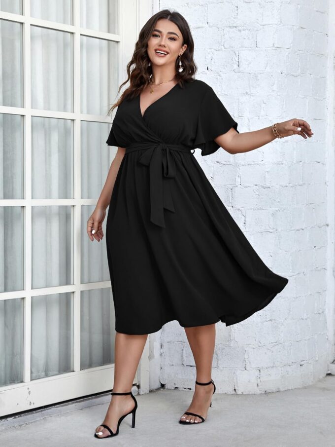 SCOMCHIC Womens Plus Size Wedding Guest Cocktail Midi Dress Summer Short Sleeve Wrap V Neck Belted A-Line Flowy Dress – Bild 6
