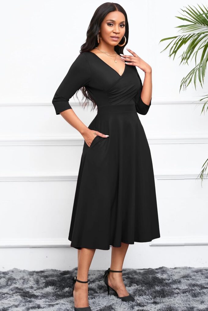 Nmoder Women's Casual Wrap Flared Midi Dress Wedding Guest Cocktail Tea Dresses A-Line Swing V-Neck 3/4 Sleeve – Bild 3