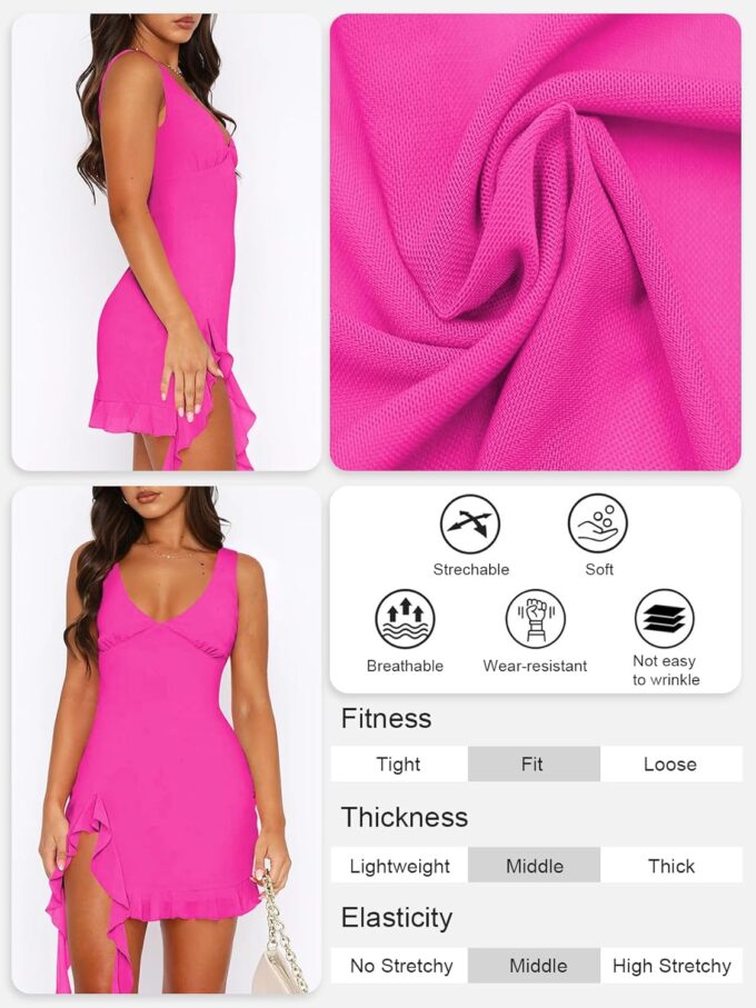 Women Sleeveless Sexy V Neck Bodycon Mini Dress Summer Side Slit Mesh Irregular Ruffle Hem Backless Short Dress Rose Red – Bild 4