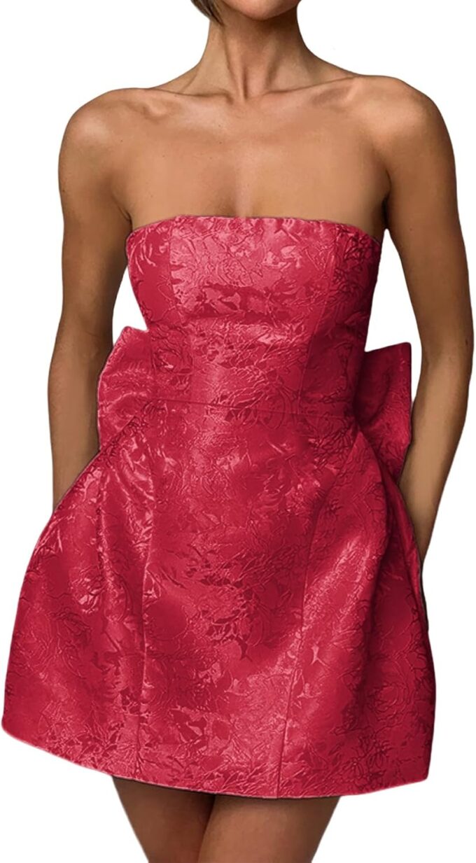 ZGMYC Jacquard Satin Homecoming Dress with Bow Elegant Strapless Mini Dress A Line Short Prom Dresses Party Gown – Bild 4