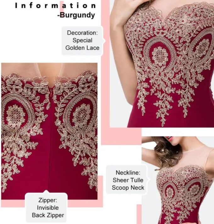 Adult Prom Dress for Women - Gold Lace Applique Long Sheer Illusion Mermaid Formal Dresses Evening Gown – Bild 3