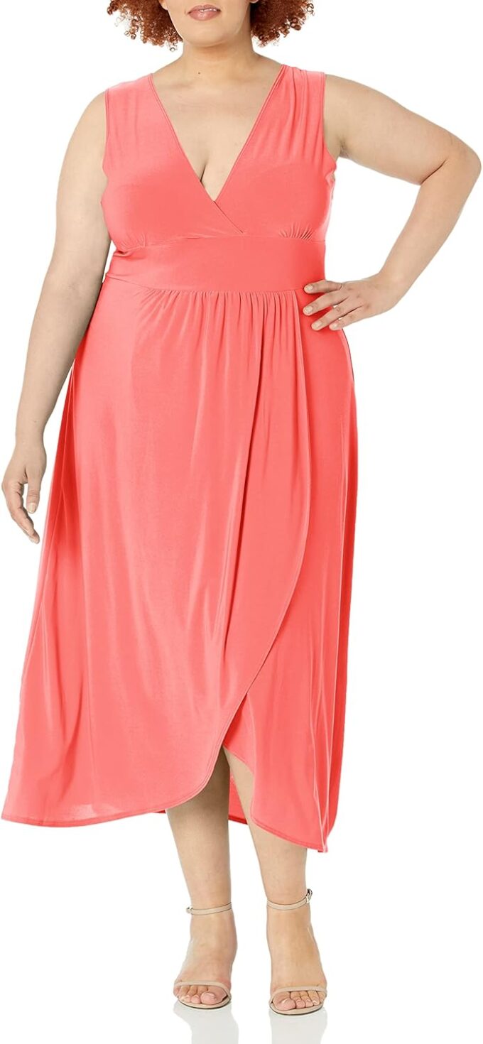 Star Vixen Women's Plus Size Sleeveless Summer Surplice Tulip Skirt Empire Band Maxi Dress