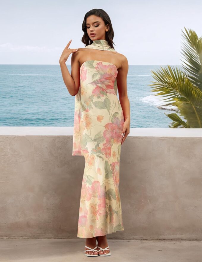 Women Floral Tube Maxi Dress Strapless Ruffle Hem Long Bodycon Vacation Summer Halter Dress with Scarf – Bild 5